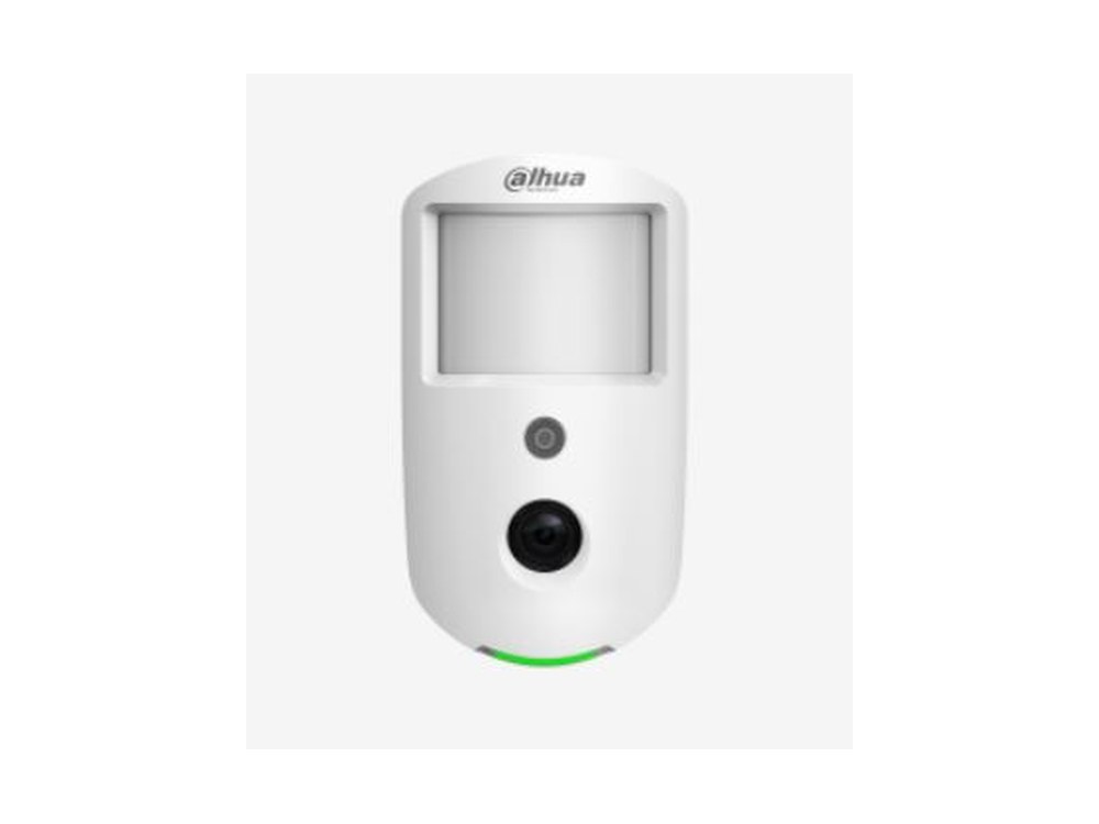 Sensore di movimento bianco Dahua con fotocamera integrata, finestra a infrarossi, pulsante e LED verde su fondo grigio